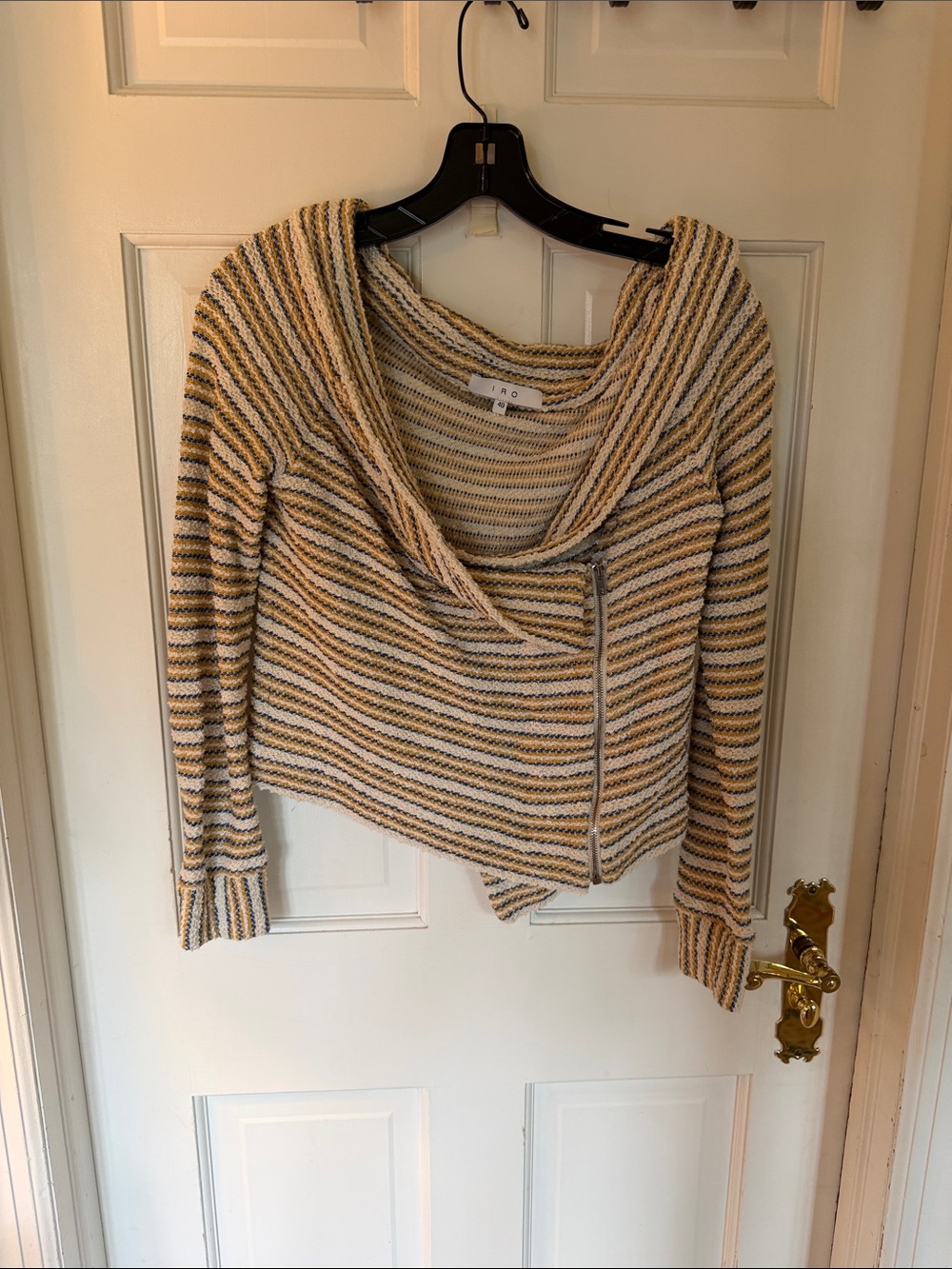 IRO Striped Hooded Zip Sweater in Cream, Tan & Black